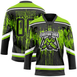 Custom Black Neon Green Steel Gray-White 3D Pattern Dripping Splatter Hockey Lace Neck Jersey