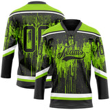 Custom Black Neon Green Steel Gray-White 3D Pattern Dripping Splatter Hockey Lace Neck Jersey