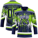 Custom Navy Neon Green-White 3D Pattern Dripping Splatter Hockey Lace Neck Jersey