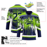 Custom Navy Neon Green-White 3D Pattern Dripping Splatter Hockey Lace Neck Jersey