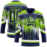 Custom Navy Neon Green-White 3D Pattern Dripping Splatter Hockey Lace Neck Jersey