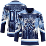 Custom Navy Light Blue-White 3D Pattern Dripping Splatter Hockey Lace Neck Jersey
