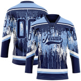 Custom Navy Light Blue-White 3D Pattern Dripping Splatter Hockey Lace Neck Jersey