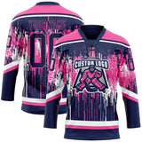 Custom Navy Pink-White 3D Pattern Dripping Splatter Hockey Lace Neck Jersey
