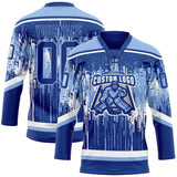 Custom Royal Light Blue-White 3D Pattern Dripping Splatter Hockey Lace Neck Jersey