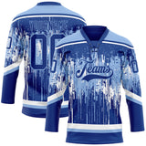 Custom Royal Light Blue-White 3D Pattern Dripping Splatter Hockey Lace Neck Jersey
