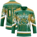 Custom Kelly Green Old Gold-White 3D Pattern Dripping Splatter Hockey Lace Neck Jersey