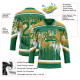 Custom Kelly Green Old Gold-White 3D Pattern Dripping Splatter Hockey Lace Neck Jersey