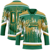 Custom Kelly Green Old Gold-White 3D Pattern Dripping Splatter Hockey Lace Neck Jersey