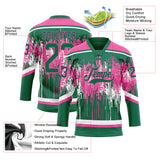 Custom Kelly Green Pink-White 3D Pattern Dripping Splatter Hockey Lace Neck Jersey