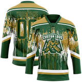Custom Green Old Gold-White 3D Pattern Dripping Splatter Hockey Lace Neck Jersey