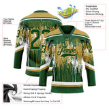 Custom Green Old Gold-White 3D Pattern Dripping Splatter Hockey Lace Neck Jersey