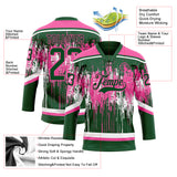 Custom Green Pink-White 3D Pattern Dripping Splatter Hockey Lace Neck Jersey