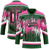Custom Green Pink-White 3D Pattern Dripping Splatter Hockey Lace Neck Jersey