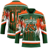 Custom Green Orange-White 3D Pattern Dripping Splatter Hockey Lace Neck Jersey