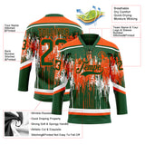 Custom Green Orange-White 3D Pattern Dripping Splatter Hockey Lace Neck Jersey