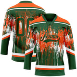 Custom Green Orange-White 3D Pattern Dripping Splatter Hockey Lace Neck Jersey