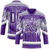 Custom Purple Gray-White 3D Pattern Dripping Splatter Hockey Lace Neck Jersey
