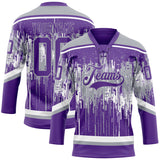 Custom Purple Gray-White 3D Pattern Dripping Splatter Hockey Lace Neck Jersey