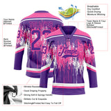 Custom Purple Pink-White 3D Pattern Dripping Splatter Hockey Lace Neck Jersey
