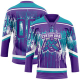 Custom Purple Teal-White 3D Pattern Dripping Splatter Hockey Lace Neck Jersey
