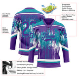 Custom Purple Teal-White 3D Pattern Dripping Splatter Hockey Lace Neck Jersey