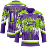 Custom Purple Neon Green-White 3D Pattern Dripping Splatter Hockey Lace Neck Jersey