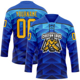 Custom Blue Gold-Black 3D Pattern Abstract Gradient Halftone Hockey Lace Neck Jersey