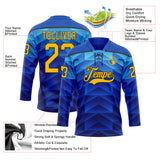 Custom Blue Gold-Black 3D Pattern Abstract Gradient Halftone Hockey Lace Neck Jersey