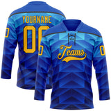 Custom Blue Gold-Black 3D Pattern Abstract Gradient Halftone Hockey Lace Neck Jersey
