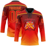 Custom Red Fire Red Gold-Black 3D Pattern Abstract Gradient Halftone Hockey Lace Neck Jersey
