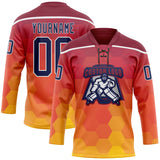 Custom Crimson Navy Yellow-White 3D Pattern Abstract Gradient Halftone Hockey Lace Neck Jersey