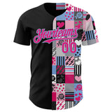 Custom Black Hot Pink-Light Blue Valentine's Day Love Heart Authentic Baseball Jersey