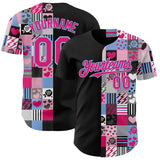 Custom Black Hot Pink-Light Blue Valentine's Day Love Heart Authentic Baseball Jersey