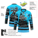 Custom Blue Black-White 3D Pattern Abstract Splatter Paint Grunge Hockey Lace Neck Jersey