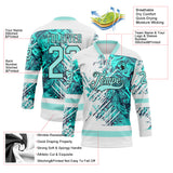 Custom White Ice Blue-Black 3D Pattern Abstract Splatter Paint Hockey Lace Neck Jersey