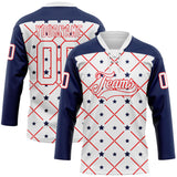 Custom White Navy-Fire Red American Flag Hockey Lace Neck Jersey