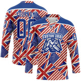 Custom Royal Red Cream-White American Flag Grunge Hockey Lace Neck Jersey