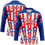Custom Royal Fire Red-White American Flag Hockey Lace Neck Jersey