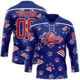 Custom Royal Red-White American Flag Hockey Lace Neck Jersey