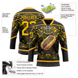 Custom Black Gold-White 3D Pattern Design Foodie Funny Hot Dog Hockey Lace Neck Jersey