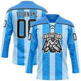 Custom Blue Black Powder Blue-White 3D Pattern Design Stripe Hockey Lace Neck Jersey