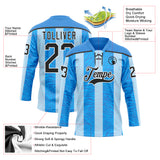 Custom Blue Black Powder Blue-White 3D Pattern Design Stripe Hockey Lace Neck Jersey