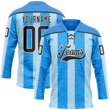 Custom Blue Black Powder Blue-White 3D Pattern Design Stripe Hockey Lace Neck Jersey