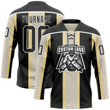Custom Black Cream-White 3D Pattern Design Stripe Hockey Lace Neck Jersey