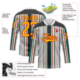 Custom White Gold Black Cream Green-Red 3D Pattern Design Stripe Hockey Lace Neck Jersey
