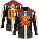 Custom Black Gold Cream-Red 3D Pattern Design Stripe Hockey Lace Neck Jersey