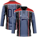 Custom Blue Navy Black Red-White 3D Pattern Design Stripe Hockey Lace Neck Jersey