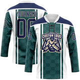 Custom Green Navy White-Cream 3D Pattern Design Stripe Hockey Lace Neck Jersey