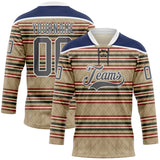 Custom Old Gold Steel Gray Red Cream-White 3D Pattern Design Stripe Hockey Lace Neck Jersey